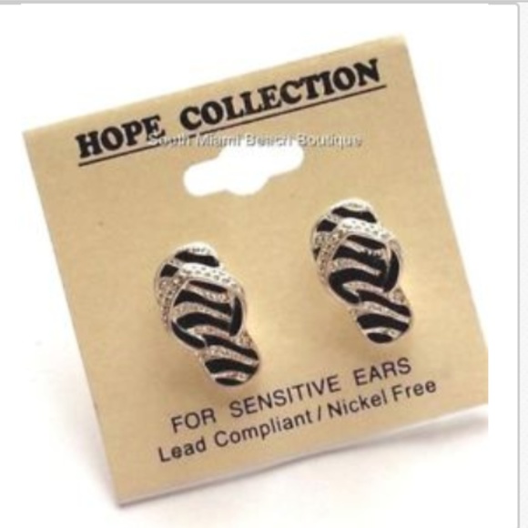 Silver Flip Flop Earrings Hypoallergenic Posts Black Enamel Beach Island Plated - Picture 2 of 8